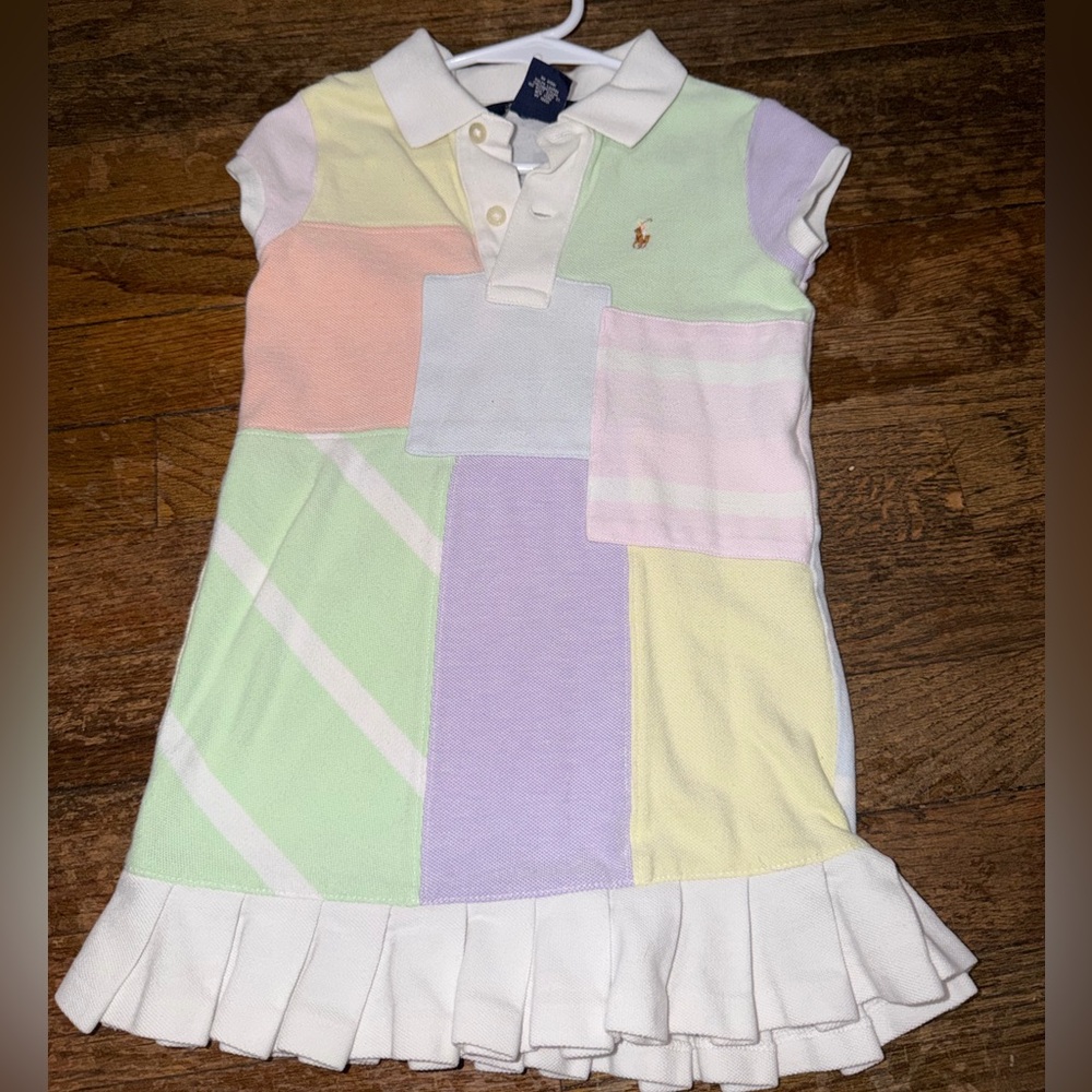 Ralph Lauren Patchwork Polo Dress Toddler Girls 3/3T Pastel Geometric Ruffle Hem